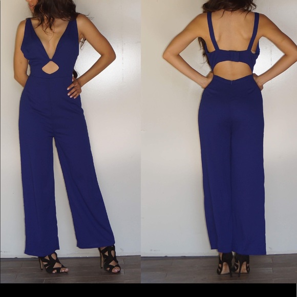 Cobalt Blue Sexy Jumpsuit with Plunging V-neckline & Cutouts Palazzo Jum… - Picture 2 of 7